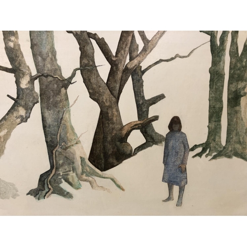 91 - Figure Amongst Trees (contemporary) - oil and pencil on board, unsigned, 45 x 75 cm, framed