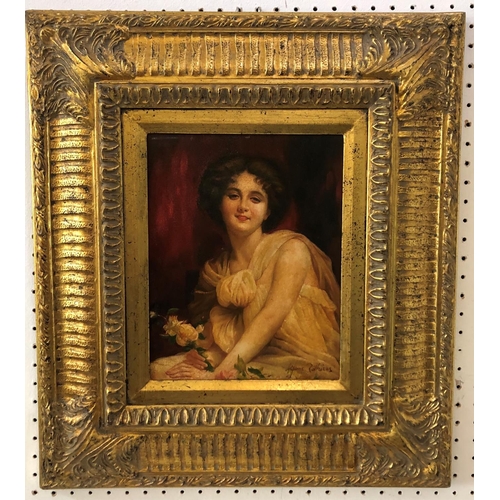 96 - Ayons Rothius (19/20th century) - Half Portrait of Lady Holding Flowers, oil on board, signed lower ... 