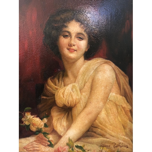 96 - Ayons Rothius (19/20th century) - Half Portrait of Lady Holding Flowers, oil on board, signed lower ... 