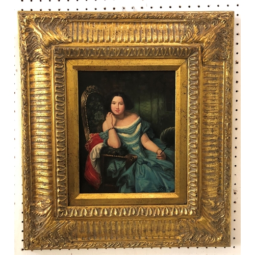 97 - Ruts. P - (19/20th Century) - Lady in Blue Dress Holding a Fan, oil on panel, signed lower right, 24... 