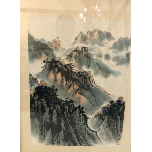 73 - Three Asian Works of Art: Chinese ink and watercolour painting of the Great Wall of China, signed an... 