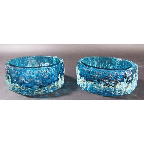 1150 - A pair of Kingfisher Blue Whitefriars bark glass dishes/ashtrays, 12.5cm diam.