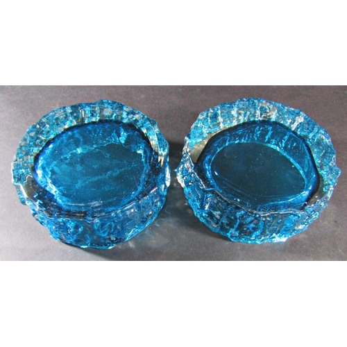 1150 - A pair of Kingfisher Blue Whitefriars bark glass dishes/ashtrays, 12.5cm diam.