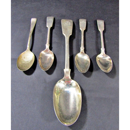 1247 - A Victorian silver serving spoon, four silver teaspoons and a silver capped bottle, 5.5 oz approx.