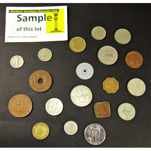 1383 - Unsorted English and continental currency nickel and bronze 20th century, two kilos approx, 2 x 10/-... 