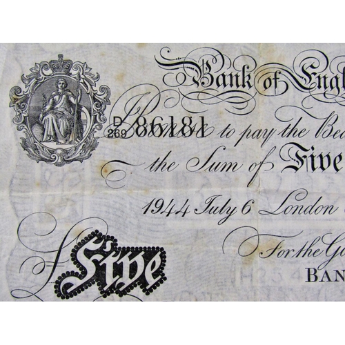 1408 - Bank of England white £5 note D86181 dated London 6th July 1944