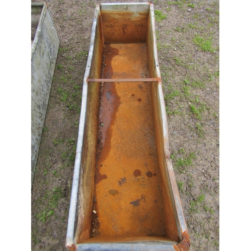 24 - A vintage galvanised steel field water trough of rectangular form with pop riveted seams (af) 246 cm... 