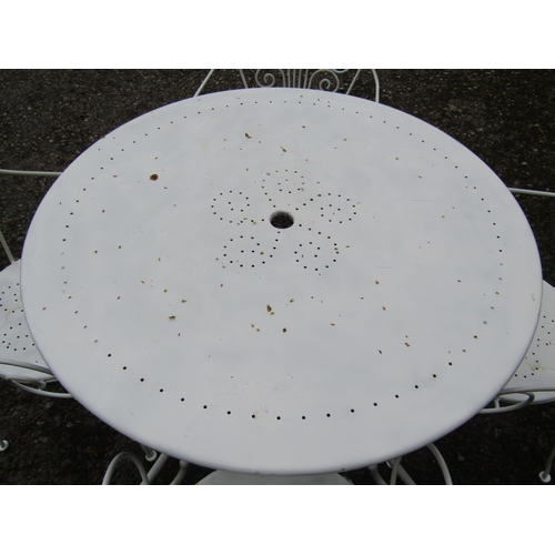 43 - A cream painted metal garden terrace suite comprising circular topped table, 95 cm diameter and a se... 