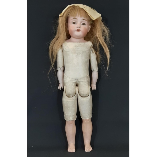 1295 - German bisque shoulder head doll by Kestner, mould 154, with jointed kid body, bisque lower arms and... 