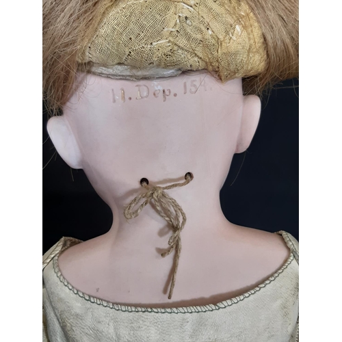 1295 - German bisque shoulder head doll by Kestner, mould 154, with jointed kid body, bisque lower arms and... 