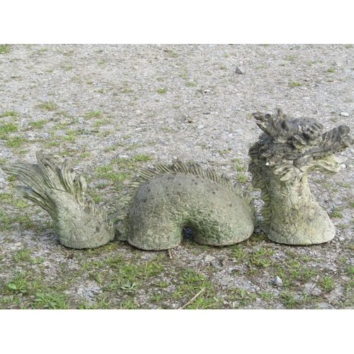 108 - A weathered cast composition stone three sectional garden ornament in the form of a dragon, the head... 