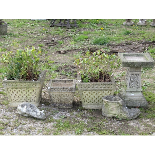 112 - A pair of weathered Cotswold Studios square tapered cast composition stone planters with repeating p... 