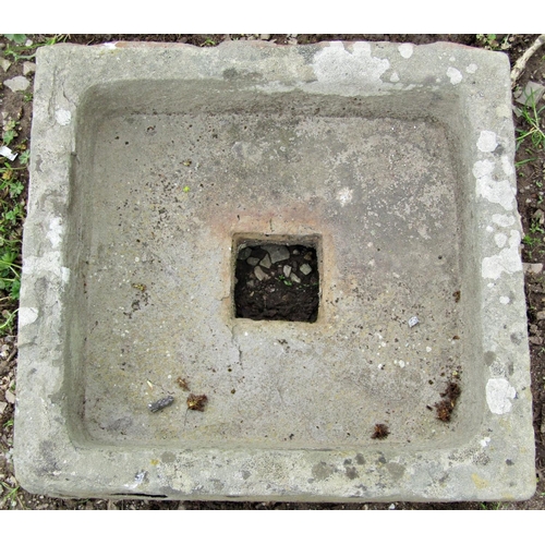 127 - A shallow weathered natural stone trough/sink with square central drainage hole 53 x 50 cm x 16 cm h... 