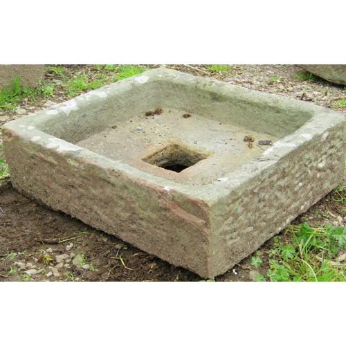 127 - A shallow weathered natural stone trough/sink with square central drainage hole 53 x 50 cm x 16 cm h... 