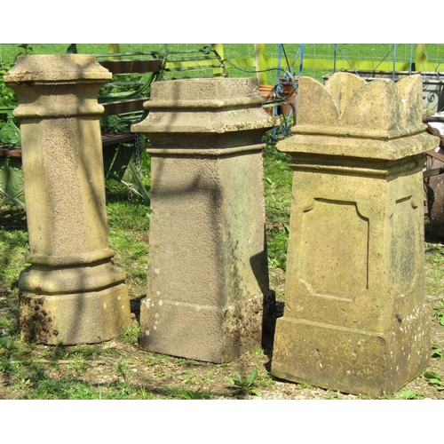 151 - Three good reclaimed weathered buff coloured chimney pots of varying design