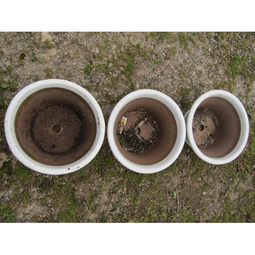 153 - Three contemporary  cream glazed terracotta squat circular flared planters with simple tree moulded ... 