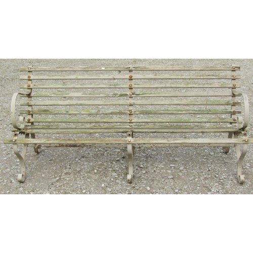 157 - A vintage weathered sprung steel garden bench with wooden lathes, 153 cm (5ft wide) together with a ... 