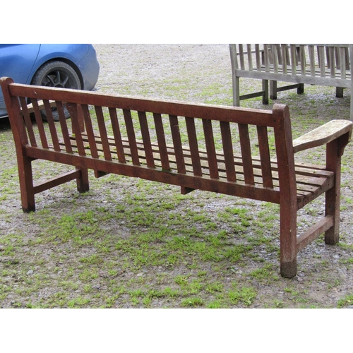 17 - A large vintage heavy gauge stained and weathered teak garden bench with slatted seat and back, 195 ... 