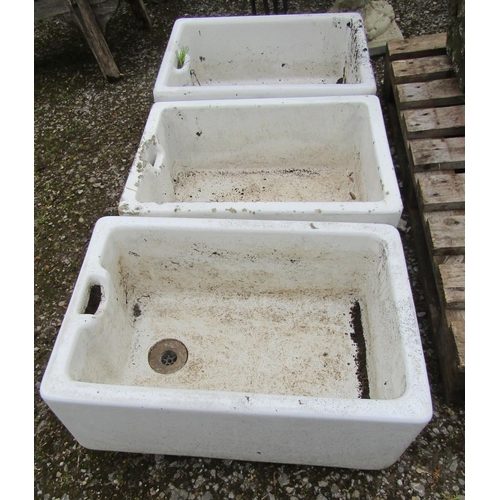 170 - Three reclaimed weathered rectangular Belfast sinks of similar size, 62 cm long x 46 cm wide x 25 cm... 