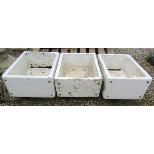 170 - Three reclaimed weathered rectangular Belfast sinks of similar size, 62 cm long x 46 cm wide x 25 cm... 