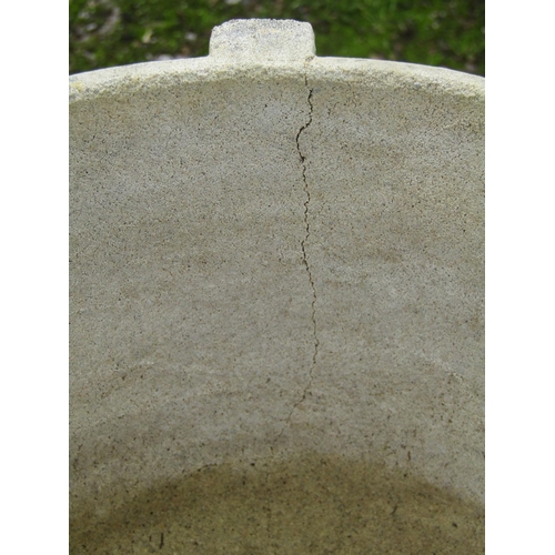 179 - A pair of weathered cast composition stone garden urns, the circular waisted bowls with Greek key, r... 