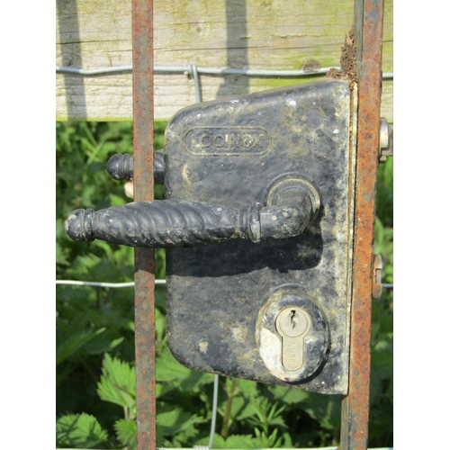 186 - A heavy gauge ironwork arched pedestrian side gate with raised finials and simple scroll detail, 92 ... 