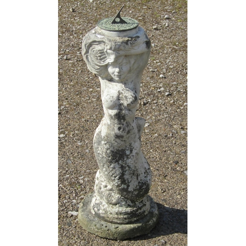 188 - A weathered cast composition stone pedestal in the form of a mermaid supporting a small circular cas... 