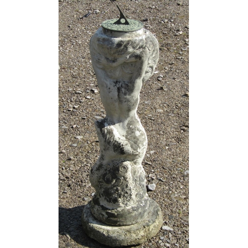 188 - A weathered cast composition stone pedestal in the form of a mermaid supporting a small circular cas... 