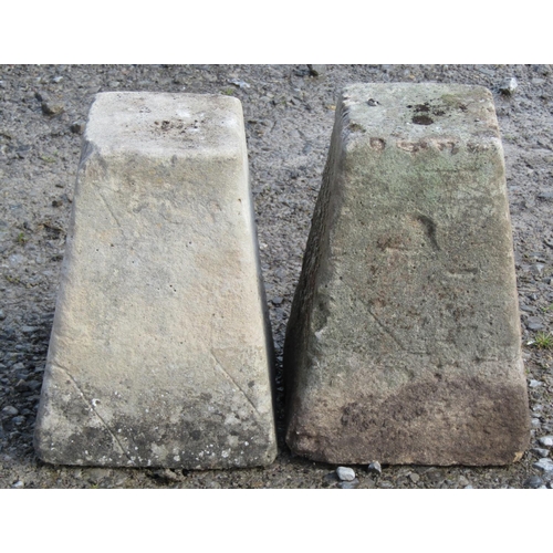 207 - A pair of low weathered square tapered stone staddle stone bases/trough supports 40 cm high approxim... 