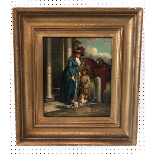 1065 - 19th Century School - Lady Giving Money to Young Girl, unsigned, oil on canvas, 37 x 31 cm, gilt bev... 