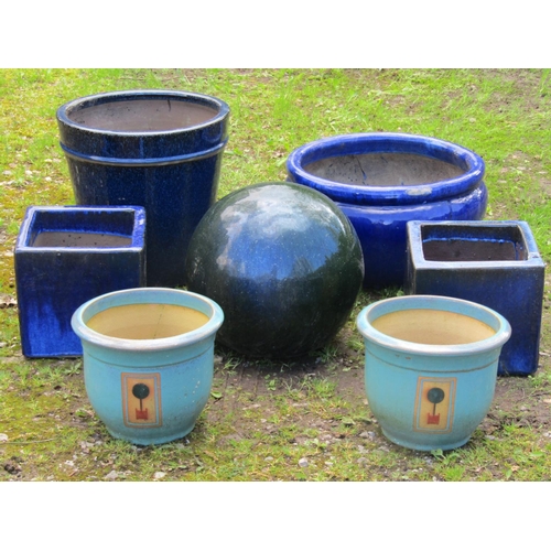 224 - Six contemporary blue glazed planters of varying size and design including two pairs, together with ... 