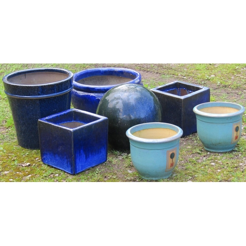 224 - Six contemporary blue glazed planters of varying size and design including two pairs, together with ... 