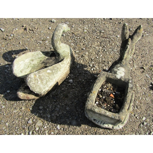 225 - Two novelty weathered cast composition stone planters one in the form of a swan, the other a donkey ... 