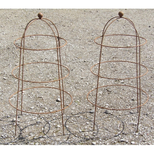 238 - A pair of weathered light steel domed cylindrical garden obelisks with ball finials 50 cm diameter x... 