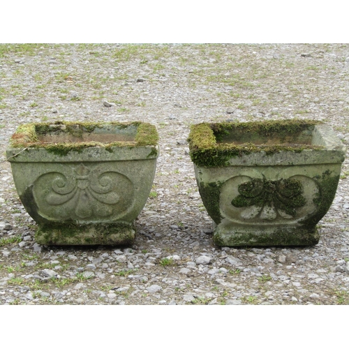 91 - A pair of weathered cast composition stone squat square tapered garden planters with repeating anthe... 