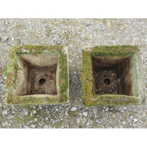 91 - A pair of weathered cast composition stone squat square tapered garden planters with repeating anthe... 