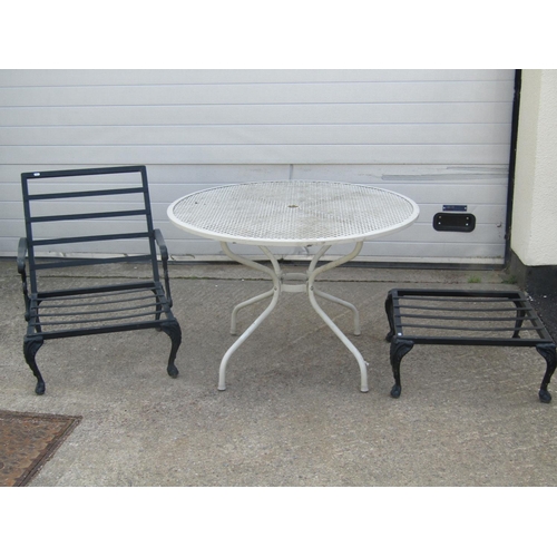 236 - A painted cast alloy circular garden terrace table with lattice top 105 cm diameter, together with a... 