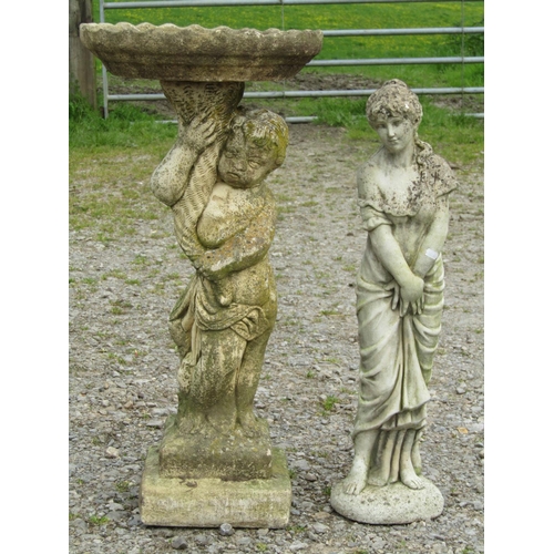 147 - A weathered cast composition stone two sectional cherub bird bath with circular top 40 cm diameter x... 