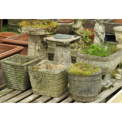 149 - Five weathered cast composition stone planters of varying size and design with relief detail, togeth... 