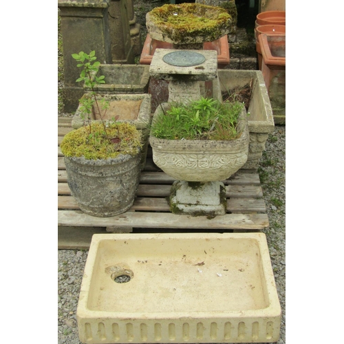 149 - Five weathered cast composition stone planters of varying size and design with relief detail, togeth... 