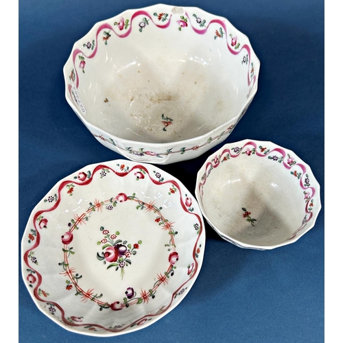 2025 - A small collection of 18th century New Hall tea bowls and saucers with hand painted floral and ribbo... 