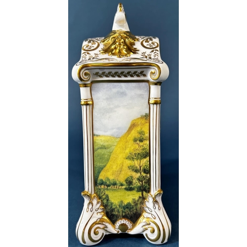 2038 - A Royal Crown Derby bone china mantle clock with hand painted panels to all sides with quartz moveme... 