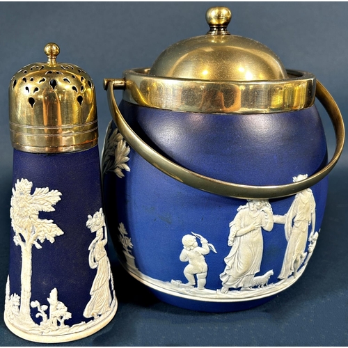 2066 - Wedgwood Jasper ware biscuit jar and cover with silver plated mounts further sugar caster, together ... 