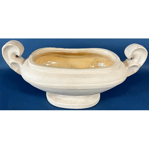 2068 - A Fulham pottery oviform vase with open scrolled handles, 35 cm wide x 16 cm high