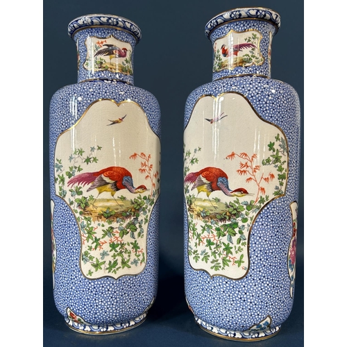 2069 - A pair of Booths Mosaic vases of cylindrical form with exotic bird and flowers