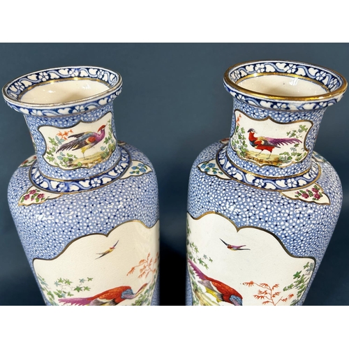 2069 - A pair of Booths Mosaic vases of cylindrical form with exotic bird and flowers