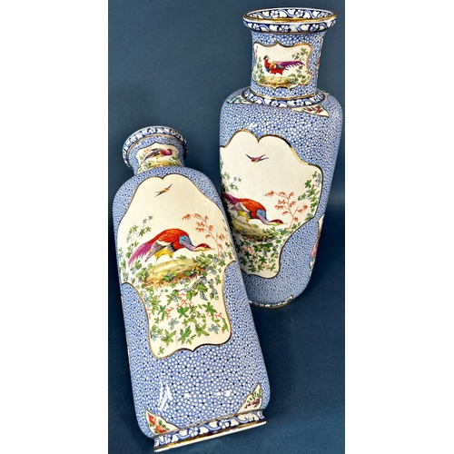 2069 - A pair of Booths Mosaic vases of cylindrical form with exotic bird and flowers