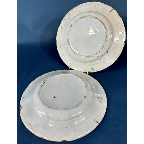 2074 - A pair of 18th century tin glazed plates with bold floral detail