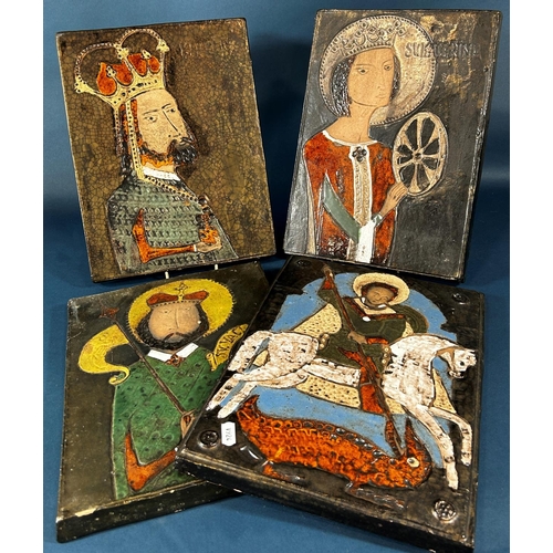 2083 - Four continental rectangular ceramic plaques detailing various saints to include St Catherine, St Ge... 