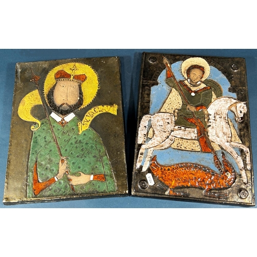 2083 - Four continental rectangular ceramic plaques detailing various saints to include St Catherine, St Ge... 